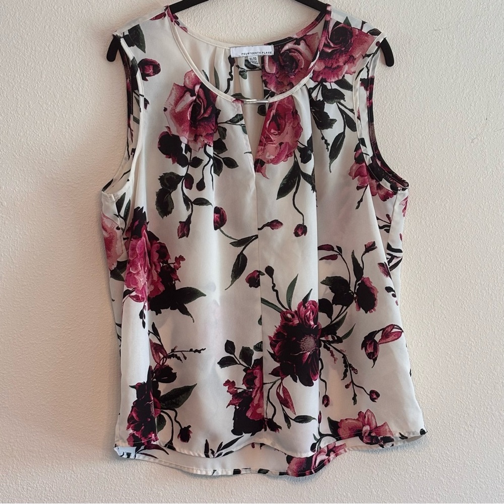 Fourteenth Place Women's Chic Floral Blouse - White and Pink Sleeveless SZ XL